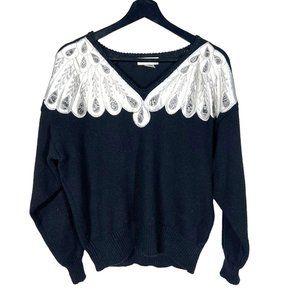 Vintage 90s Black White Feather Ramie Cotton Knit Sweater Medium